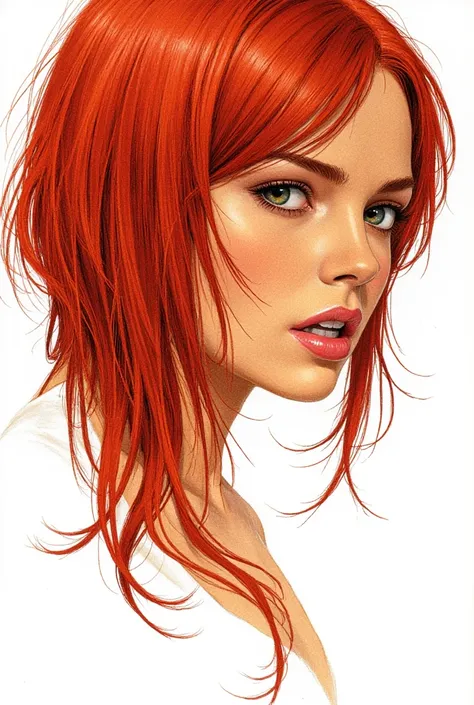 A dramatic illustration in the style of a comic book for a visual novel, in which an adult woman with dark eyes is depicted in full growth.. red hair. The drawing should be detailed and emotional, with clear lines and bright colors, on a white background.