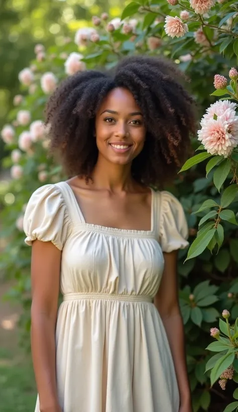 A 36-year-old woman with natural curls, in a simple dress, standing near a flowering bush in a park.