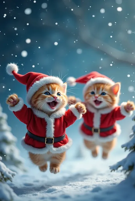 Under a noisy, snowy starry sky 、 kittens dress up as Santa Claus、With open arms、Flying happily。