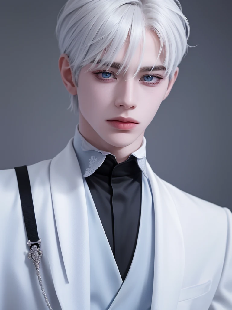  close-up black and white filter ,  cinematic light ,  wearing a very detailed , Charming boy with white hair, model boy , Attractive boy with disheveled bangs ,  model with gray background ,  blue eyes,  suit.