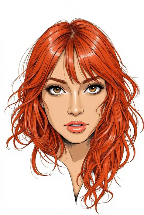 A dramatic illustration in the style of a comic book for a visual novel, in which an adult woman with dark eyes is depicted in full growth.. red hair. The drawing should be detailed and emotional, with clear lines and bright colors, on a white background.