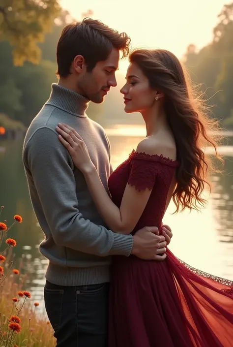 Girl in maroon lace dress and guy in grey turtleneck romance at the river 