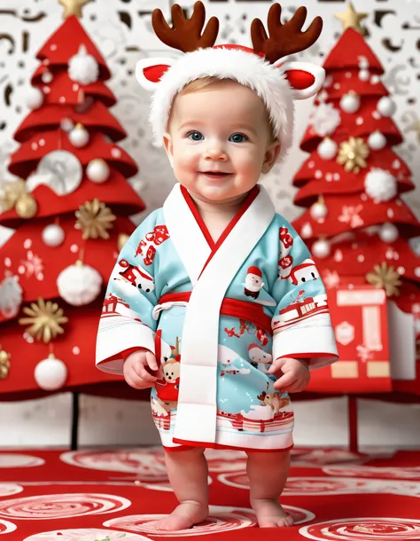 full body,from front,(((One month old foreign baby))),Newborn baby,toddler,tiny,(((Big eyes))),(((blue eyes))),smile,happy smile,cute smile,Next to the baby is a little reindeer,Wearing a gorgeous YUKATA,Kanzashi,Wearing a Santa Claus hat,Wearing clogs,Hol...