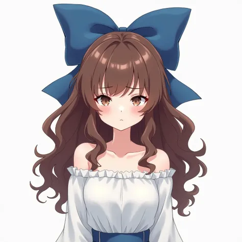 Help me generate a picture of a big brown wavy curly hair, a big blue bow on her head, pure white clothes, and a very impatient anime modern style.