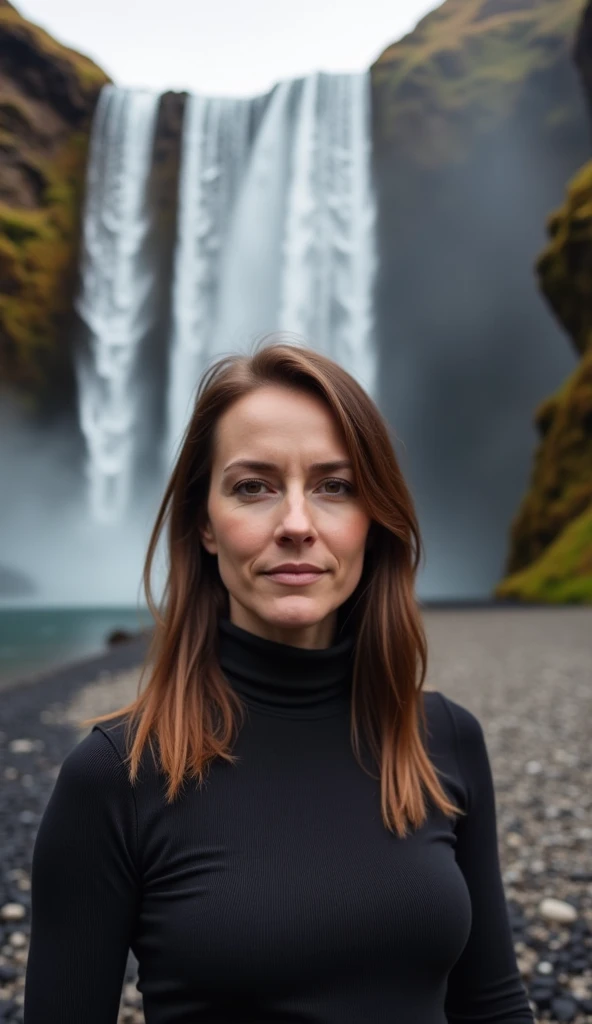 A 35-year-old woman with straight hair, wearing a turtleneck, standing near a waterfall.