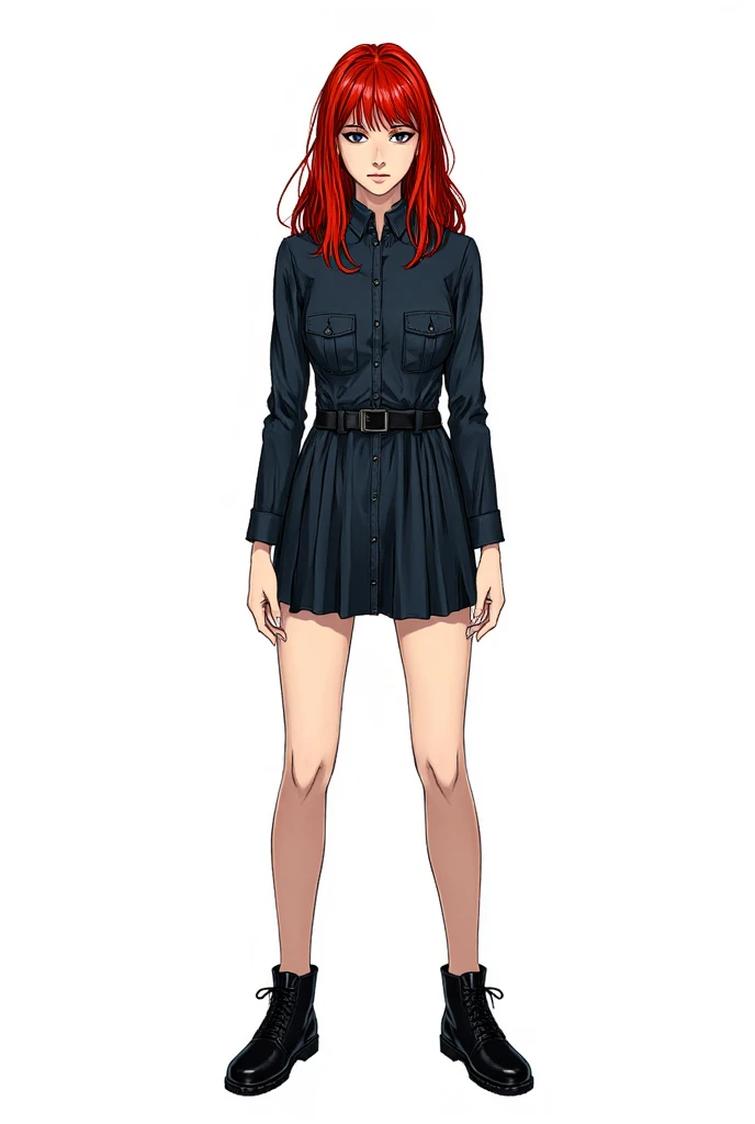 A dramatic comic book-style illustration for a visual novel, in which an adult woman with dark eyes is depicted in full height. black shoes and a dress. red hair. The drawing should be detailed and emotional, with clear lines and bright colors, on a white ...