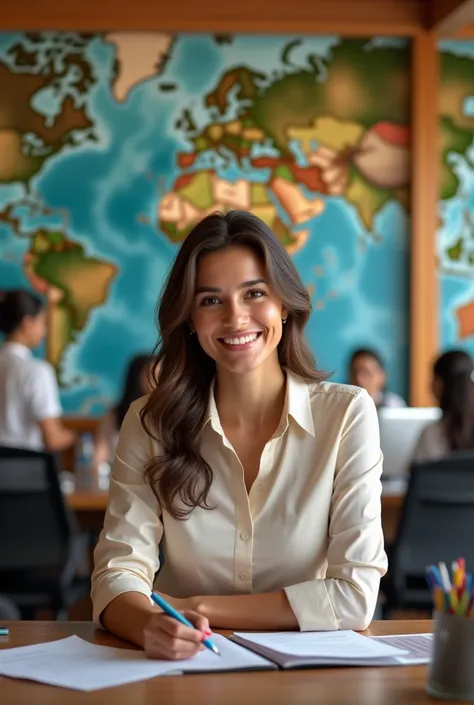 Hd image of lady office staff in travel agency, sitting inside travel agency in kerala