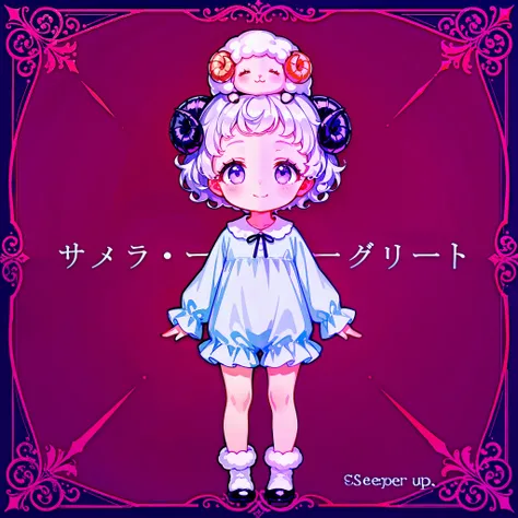 ((masterpiece, best quality, extremely detailed, absurdres)), fairy tale illustration, kawaii, 1girl, solo, (chibi:1.1), full body shot, standing, very cute smile, silver hair, very short hair, (curly hair:1.2), (sheep horns on head:1.4), (Sleepwear:1.4), 