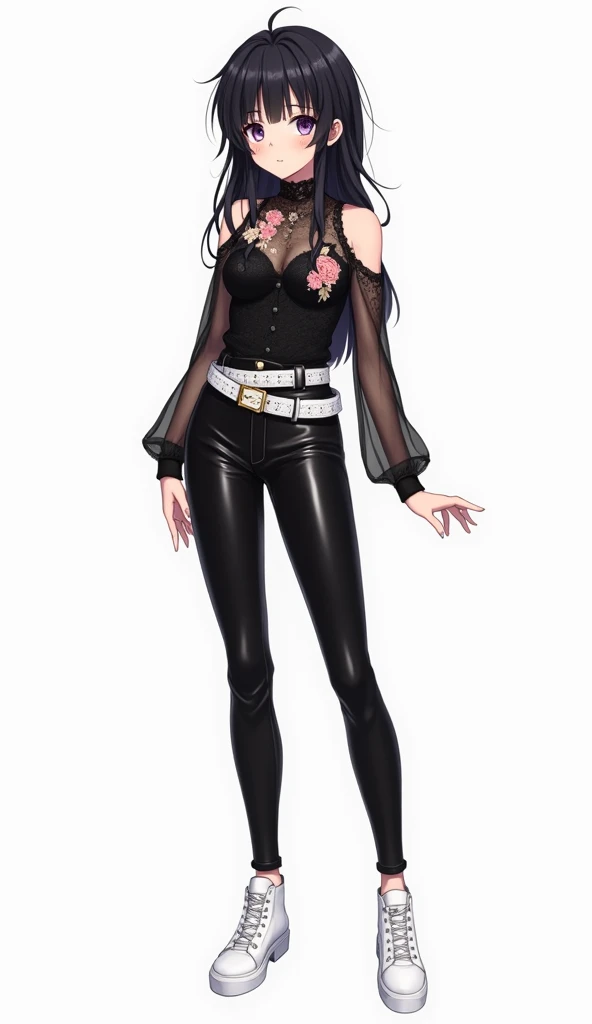 An anime teenage woman wearing a semitransparent black lace blouse, decorated with floral details in shades of pink and beige with one bare shoulder.  She wears tight pants made of leather or vinyl material in black color ,  combined with a white belt that...