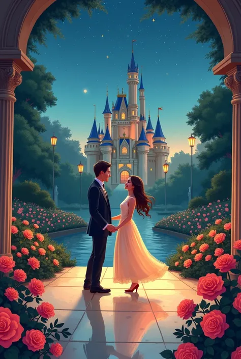 Illustration cartoon of castle at night, roses, grand ballroom and couple dancing together 