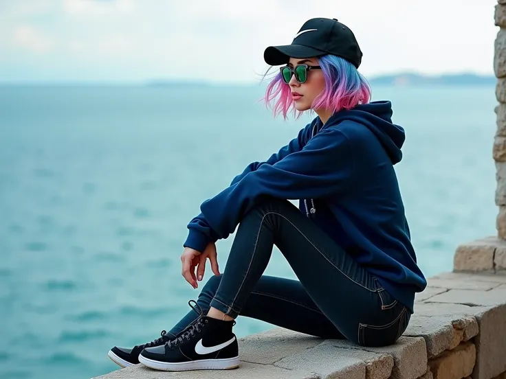 beautiful croatian woman with asymmetrical gradient blue and pink hair and green eyes, sitting on a worn stone wall wearing sunglasses and a nike cap and dark blue hoodie and tight jeans and black nike hi-top sneakers, looking aside towards the sea on her ...