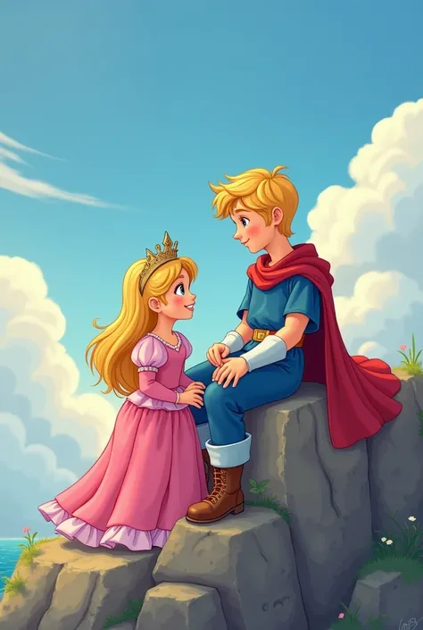 Créer une image de couverture de livre pour enfant dans un style dessin animé, dune princesse blonde dans une robe rose, et dun prince en sirène Blond avec une queue de sirène bleu, le prince doit être assis sur un rocher 