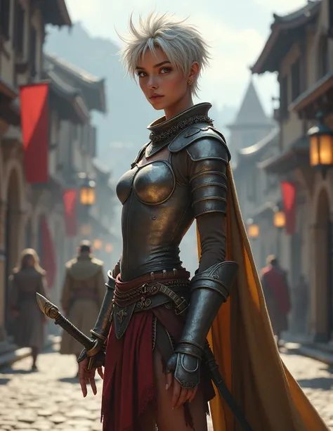 Pathfinder kingmaker style portrait of a pretty, sinewy,  love starved, 20 year old male human fighter in a skirt and light armor with short length spikey, silver color hair, holding a scimitar, in the streets of a medieval city