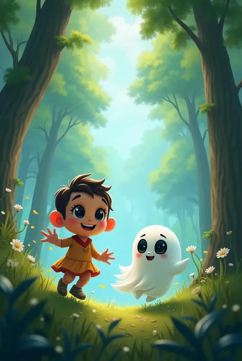 black big eyes Emmy smiling and his ghost friend going in forest to sky