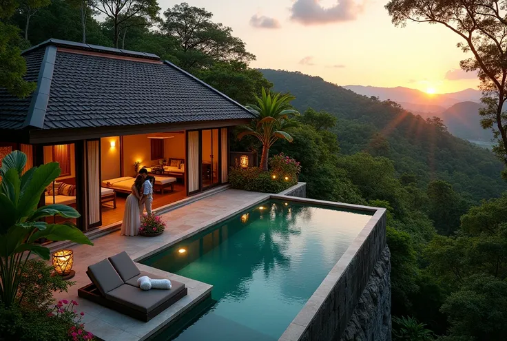 A luxurious and romantic villa surrounded by greenery, with a private pool and sunset view. A perfect honeymoon retreat for couples seeking intimacy and relaxation. This location is at Yogyakarta