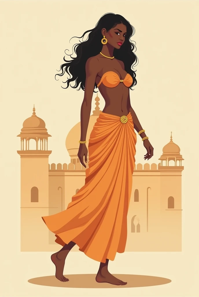 minimalist vintage illustration, walking, full body portrait of a gorgeous rajasthani mature voluptuous woman , brown skin, full lips,, wavy long hair, topless, very big bare breasts, barefoot , light orange embroidered indian pants, brown nipples, indian ...