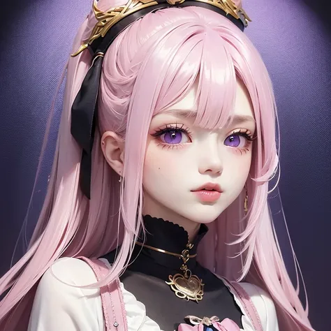  pink hair,White mesh, dark lines around the eyes  ,  purple eyes,  doll face  , silver and gold heart symbol accessories, shirt ,Blue Sukajan,Stick out your tongue and wink, bust up shot 