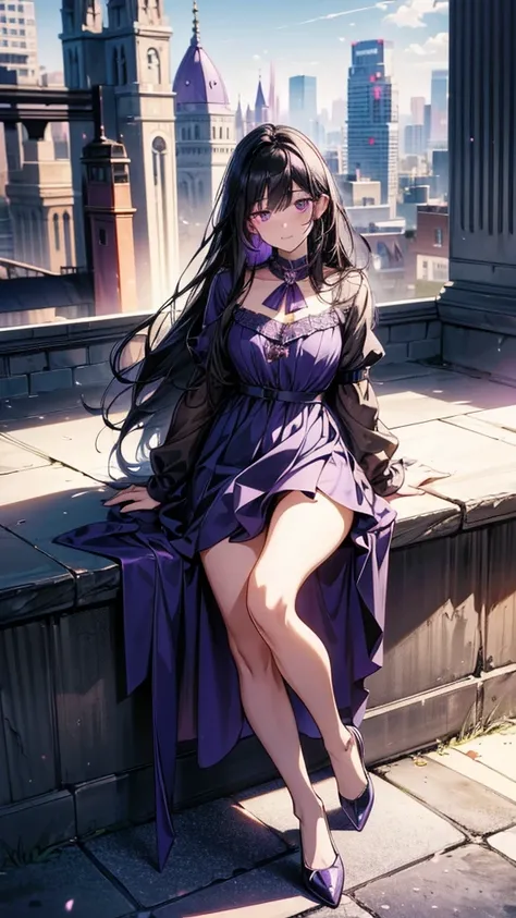 masterpiece, Best Quality , high resolution ,Perfect light and shadow,8k wallpaper,illustration, ray tracing , a lovely girl,black hair,Long straight hair, Purple Eyes,Full body portrait, Magical Girl ,mini dress, bikini,Purple Gemstone,City,roof,sit