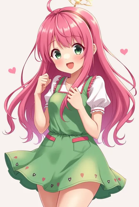 In the picture you need to create an anime girl with pink hair in a green short dress with pink hair 