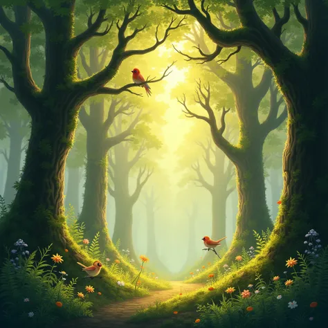 A peaceful forest scene bathed in soft, golden sunlight filtering through the tall, ancient trees. The trees are thick and full of life, with their trunks covered in moss and vines, and the forest floor is scattered with ferns, wildflowers, and fallen leav...