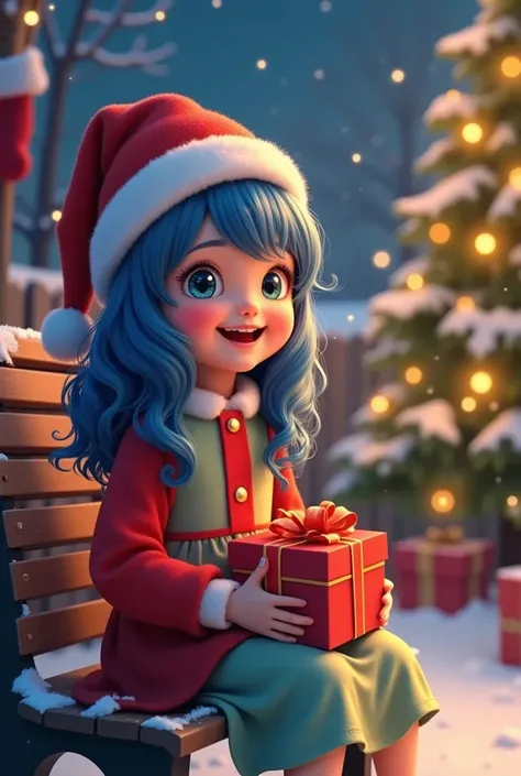 Childrens book characters, winter，night, Christmas tree,  Christmas， A happy seven-year-old girl wearing a Christmas hat, with wavy blue hair ,  wears a red and light green dress，She sat on the bench，Christmas gift box on her lap ，Light Particles, Light,st...