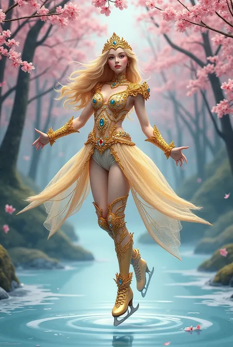 Une version du personnage de Golden Glider de DC Comics vêtue dune robe de patinage artistique inspirée du baroque français du XVIIe siècle, richement décorées de pierres précieuses multicolores scintillantes, un joyau massif et brillant sur la ligne des c...