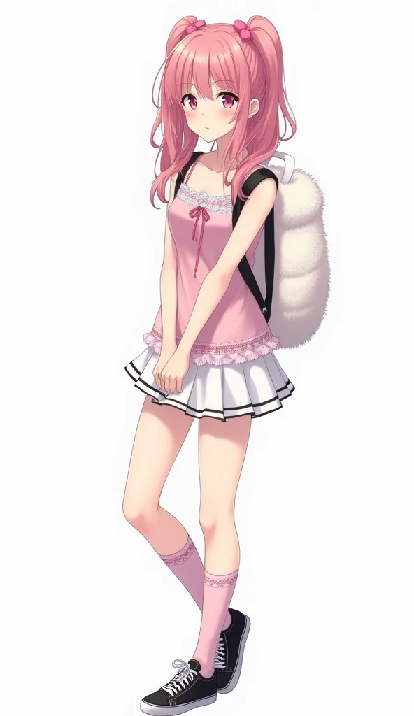 Anime adolescent woman with long loose hair with two pigtails in shades of pink wears a short top in pastel pink and showing her abdomen and with an elegant and feminine design. It has thin straps and a white lace trim on the upper part that adds a romanti...