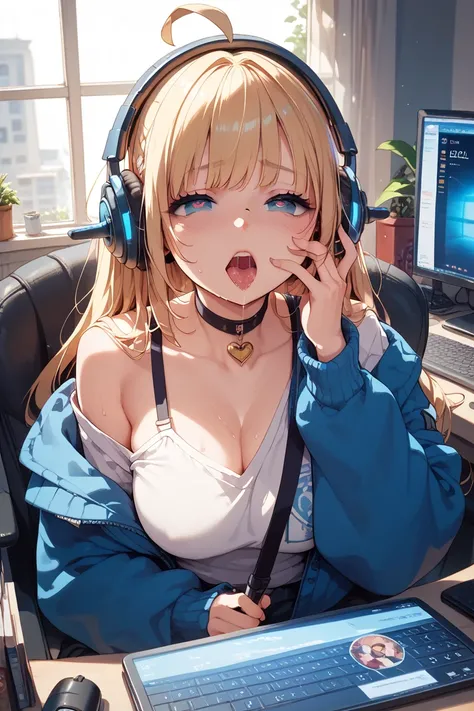 Im sitting facing my PC 、 woman masturbating on PC、 wearing headphones、 heart in eye、 drool 、 a lot of sweat、blush