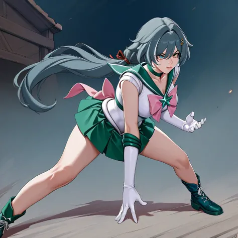 ((best quality)), ((masterpiece)), (detailed), (realistic), (UHD), 4k, yukong (honkai: star rail), sailor jupiter cosplay, battle stance, ready for battle, Stable_Yogis_Animetoon_Negatives, 