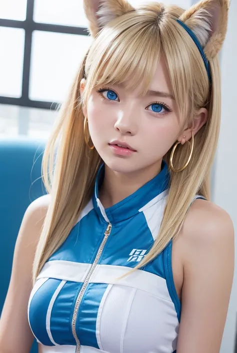  One girl ,  blue eyes, Blonde,  wolf ears,  hoop earrings,  badminton,Idol