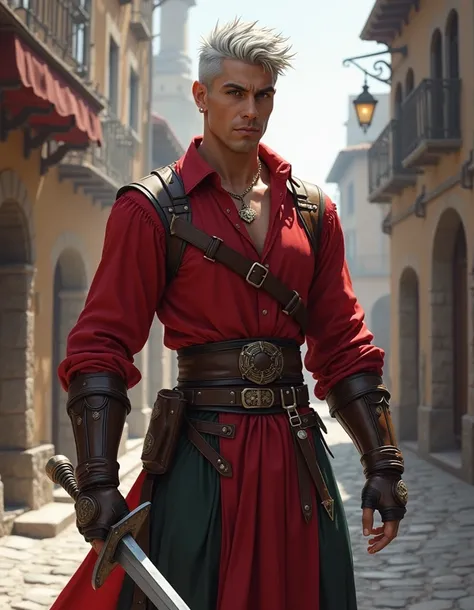 Pathfinder kingmaker style portrait of an attractive, sinewy, love starved,  old gay male human paladin in a skirt and red blouse with short length spikey, silver color hair, holding a sword, in the streets of a medieval city