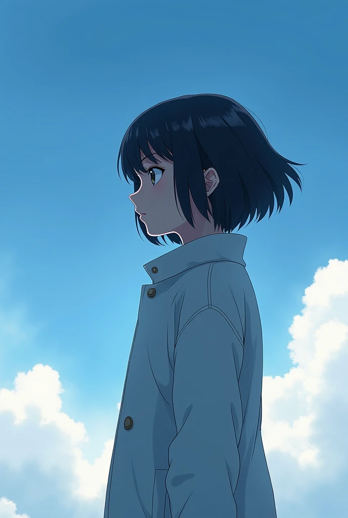 make anime character, short hair black, wear white jacket, side face, sky as background 