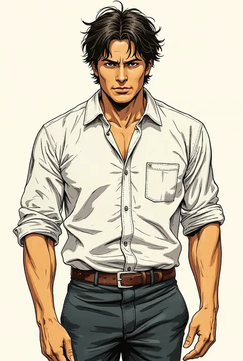 A dramatic illustration in the style of a comic book for a visual novel, in which a man is depicted in full growth. The drawing should be detailed and emotional, with clear lines and bright colors.

a tall, broad-shouldered man with disheveled dark hair. H...