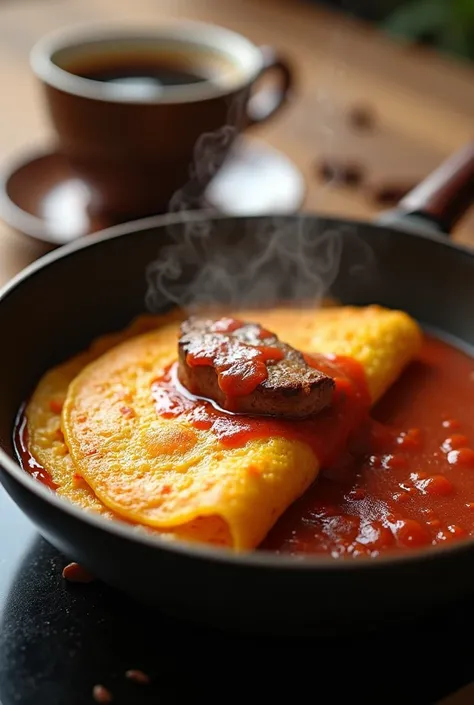 hot pan with 1 omelett in it, 1 small piece of beef in it, gravy tomato sauce full in the pan with coffee background