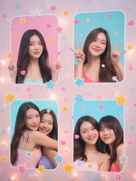 Realistic image of 4 sticker frames from a sticker booth featuring three cute Thai teen girls as a group of friends. Each frame shows them posing in a playful and cheerful way.: , one frame with all three making peace symbols, another frame with them huggi...