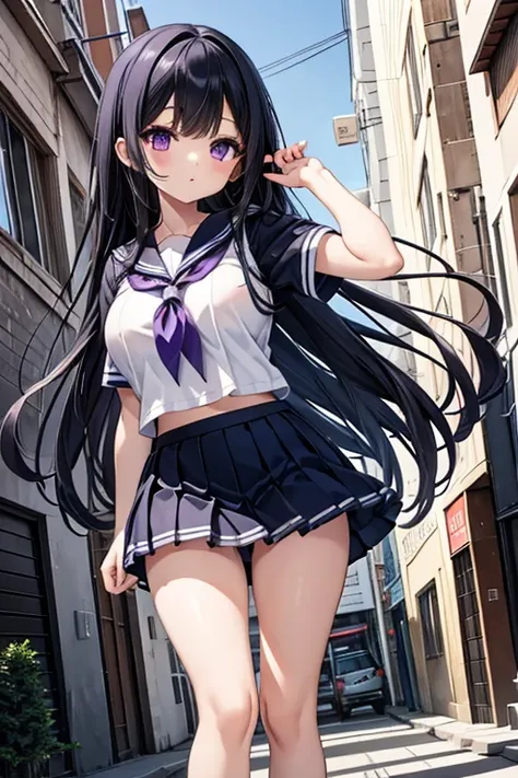  elementary school girl　　 big breasts　 black hair　 long hair　 purple eyes　1 person　glass　 short sleeve sailor suit　  Navy Blue Mini Skirt  　 white panties　 holding white socks 　 sneakers　 standing　 Dynamic Angles 　 low angle