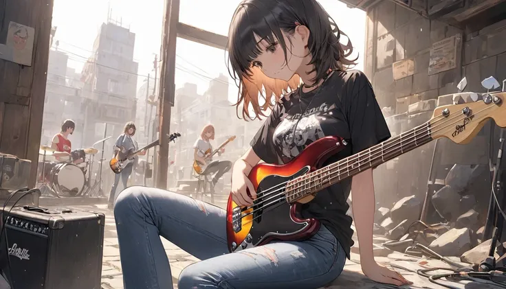  girl、Alone、Bass guitar、T-Shirts、Vintage Jeans、rock