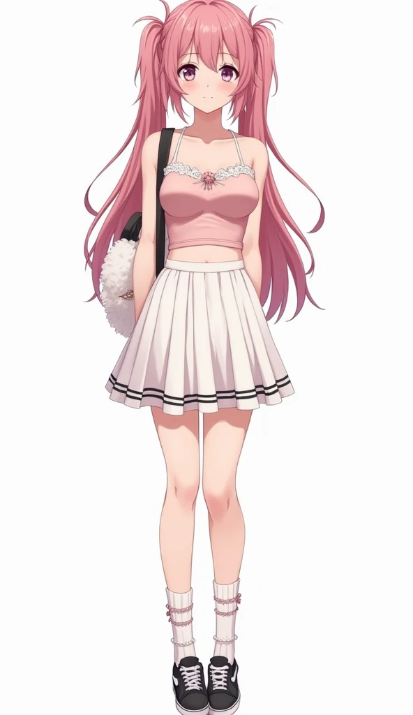 Anime adolescent woman with long loose hair with two pigtails in shades of pink wears a short top in pastel pink and showing her abdomen and with an elegant and feminine design. It has thin straps and a white lace trim on the upper part that adds a romanti...