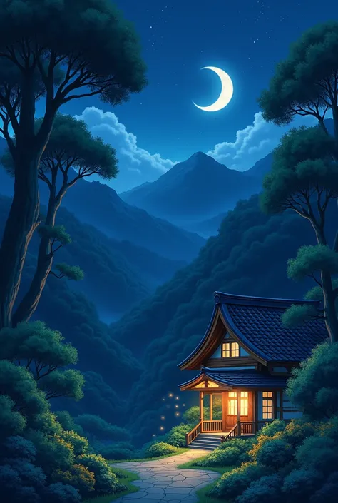 Please make the house and the forest in the back at midnight in anime shape and landscape
