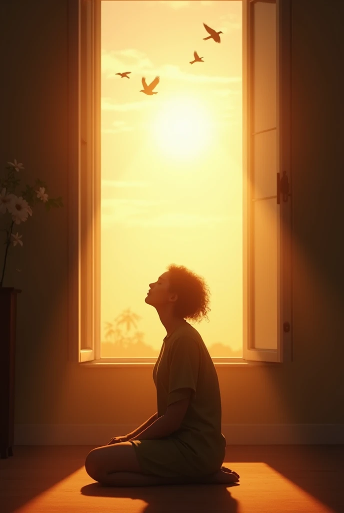 A tranquil morning scene with a person kneeling by an open window, sunlight streaming through, creating a halo-like effect, while birds soar in the distance, representing peace, gratitude, and spiritual devotion.