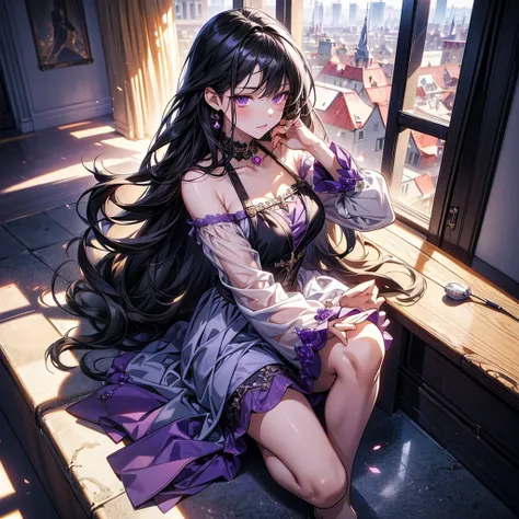 masterpiece, Best Quality , high resolution ,Perfect light and shadow,8k wallpaper,illustration, ray tracing , a lovely girl,black hair,Long straight hair, Purple Eyes,Full body portrait, Magical Girl ,mini dress, bikini,Purple Gemstone,City,roof,sit