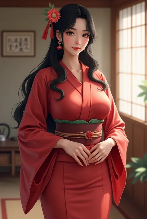 Japanese、  beautiful mature woman 、Light red yukata 、Curvy, hourglass-shaped figure、Big Breasts ,  tall woman、Japanese housekeeper、smiles,  real、Narrow Face、 black hair,  long hair , 姫カット, 