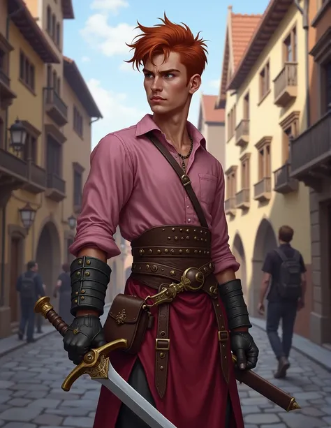 Pathfinder kingmaker style portrait of an attractive, sinewy, love starved,  17 old gay male human paladin in a skirt and pink blouse with short length spikey, ginger hair, holding a sword, in the streets of a medieval city