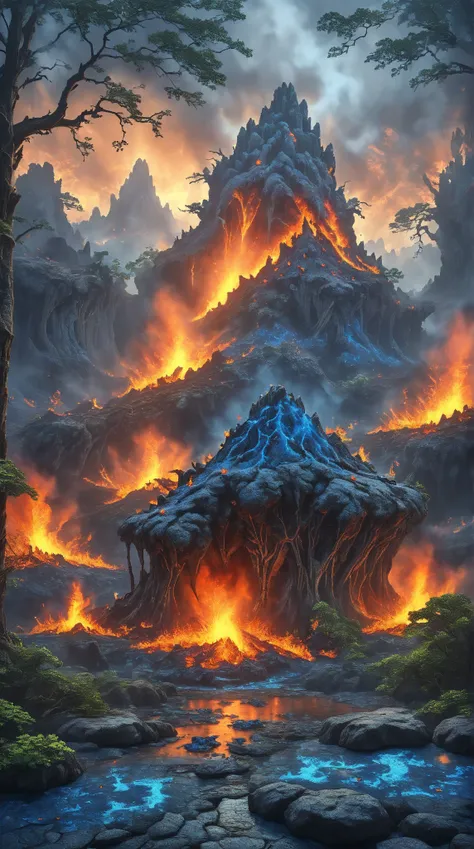  An erupting volcano ,  glowing rocks fly everywhere ,  of the smoke coming out of the volcano blue rays form .
 The lava flows into the forest setting fire to the trees.
Birds fly in fear .
(anime style 32K, HDR, UHD, intricate detail, extremely intricate...