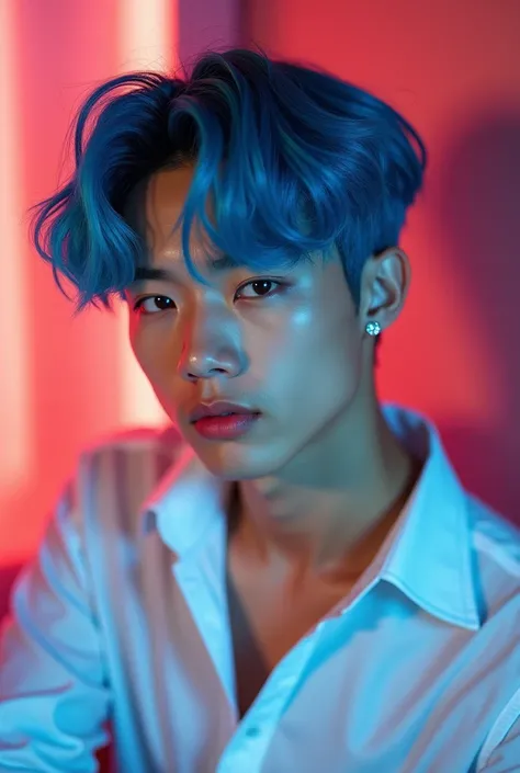 A young Asian man with striking, vibrant blue hair styled in soft waves that cascade down to his shoulders, displaying a meticulous, glossy texture; his facial features are finely detailed, with sharp cheekbones, a straight nose and full lips, exuding a sl...