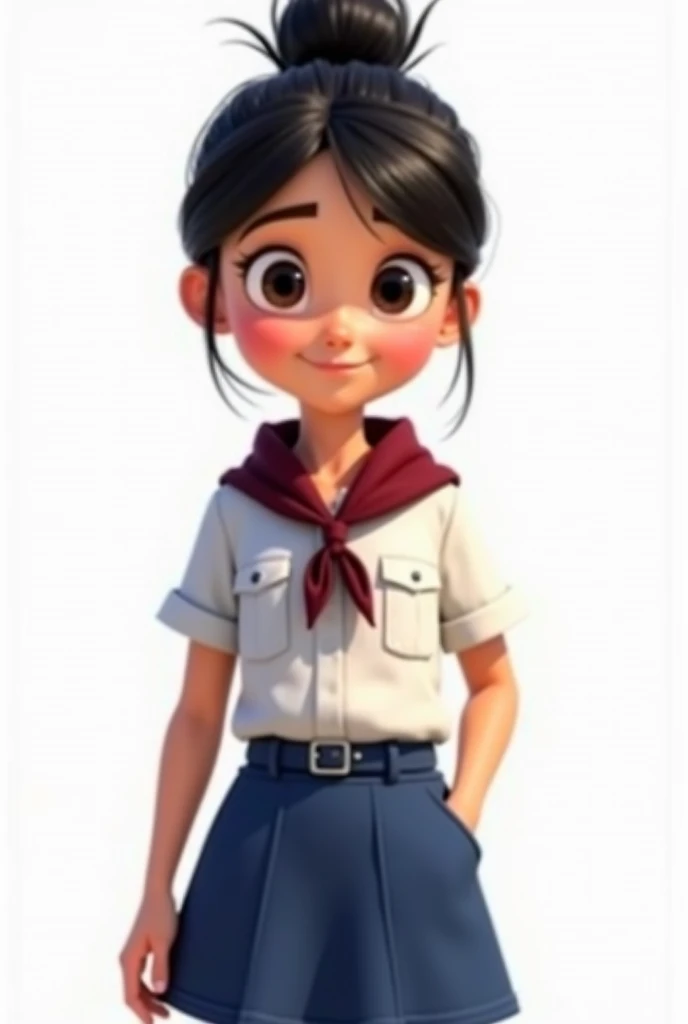  A Pixar-type girl  ,  hair tied up black, black eyes,   white shirt with short sleeves and chest pockets,  scouts scarf but wine-colored ,  skirt had a smooth knee-length blue , With blue belt ,  the background of the white image , her happy face  