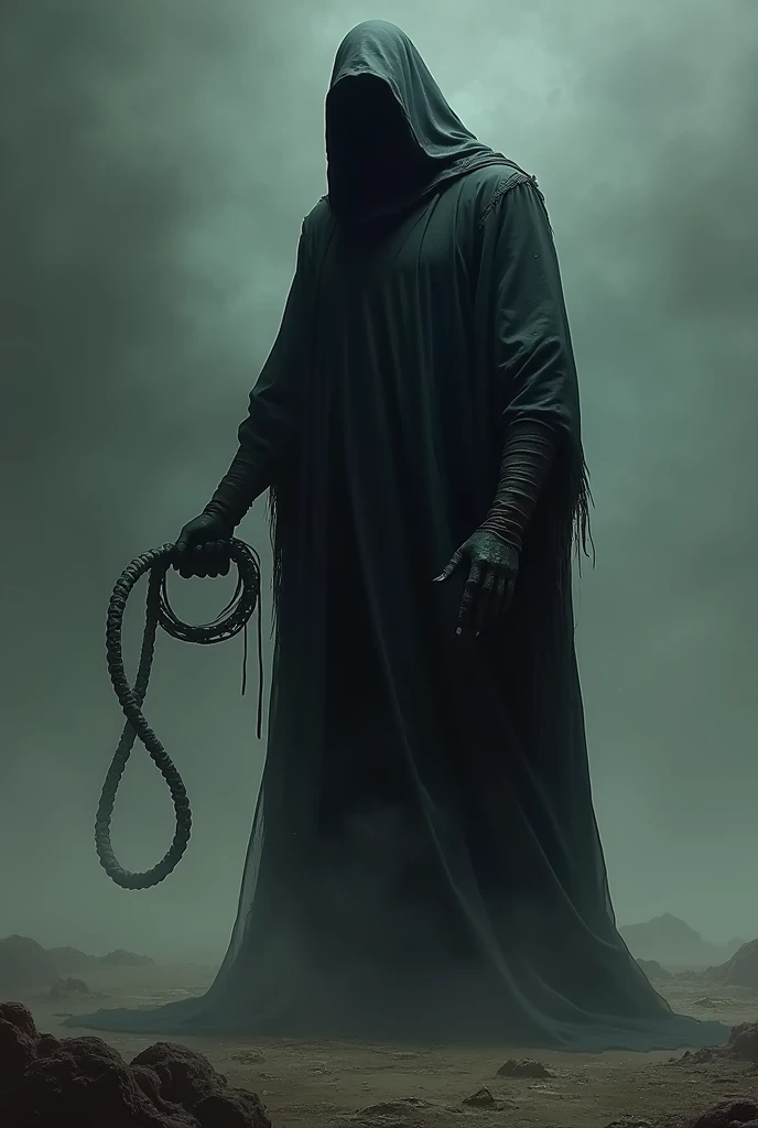 Create a man without a face with a whip in hand 
