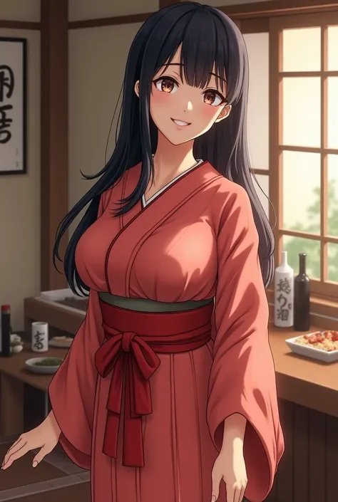 Japanese、  beautiful mature woman 、Light red yukata 、Curvy, hourglass-shaped figure、Big Breasts ,  tall woman、Japanese housekeeper、smiles,  real、Narrow Face、 black hair,  long hair , 姫カット, 