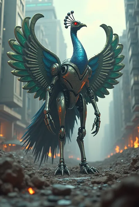  create a 4k quality 3d fantasy picture against the backdrop of a city destroyed by war ,The Terminator is in the shape of a peacock with a wide variety of weapons mounted on its body,with menacing red eyes 