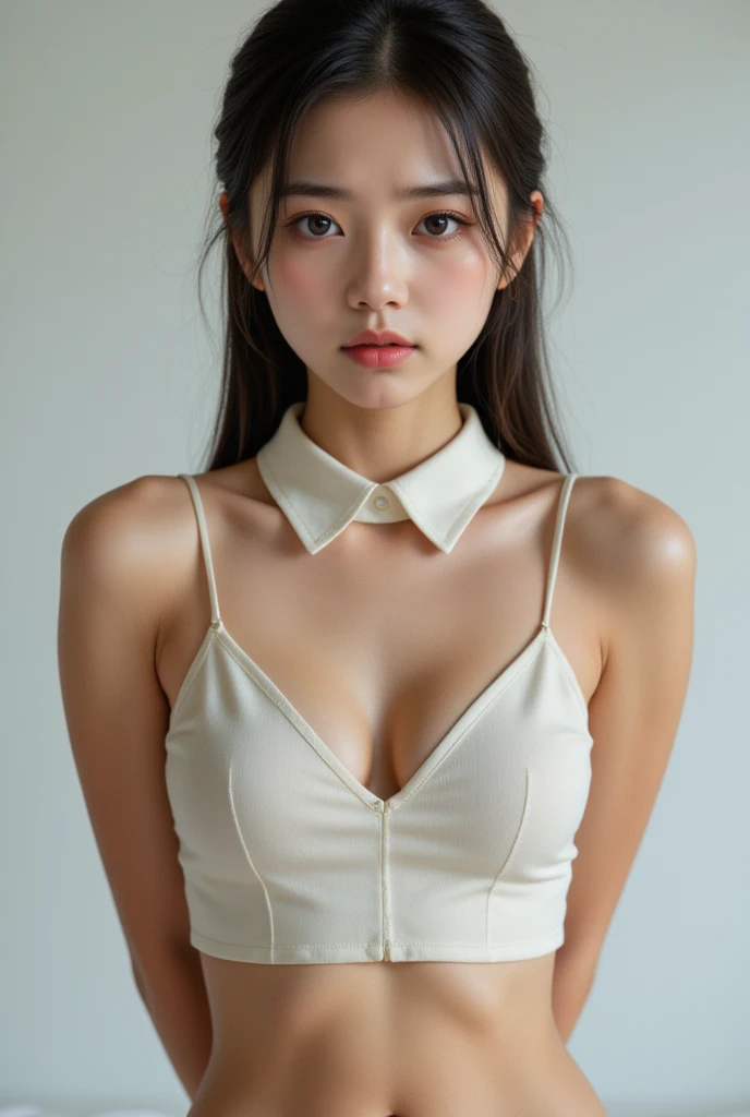 1girl, 20 years old, looking frustrated, ((looking at viewer, (hands behind back))). Photorealistic, top quality, best quality. crop top, arm straps, collar. Asian. 